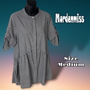 Mordenmiss Gingham Check Peplum Button Down Tunic Black White Size Medium